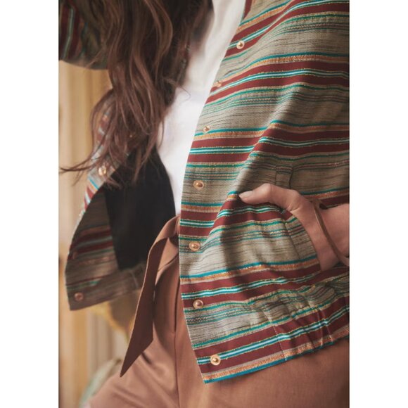 NWT Sezane Teddy Keaton in Jacquard Striped Rust Green Gold Bomber Jacket 36 4 - Picture 4 of 10